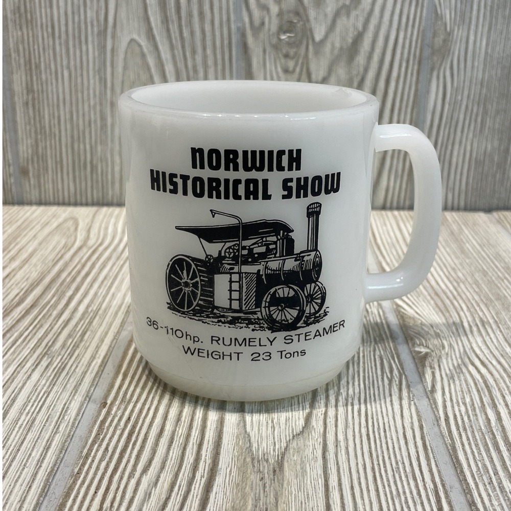 Vintage Norwich Historical Show Rumely Steamer Milk Glass Coffee Mug White